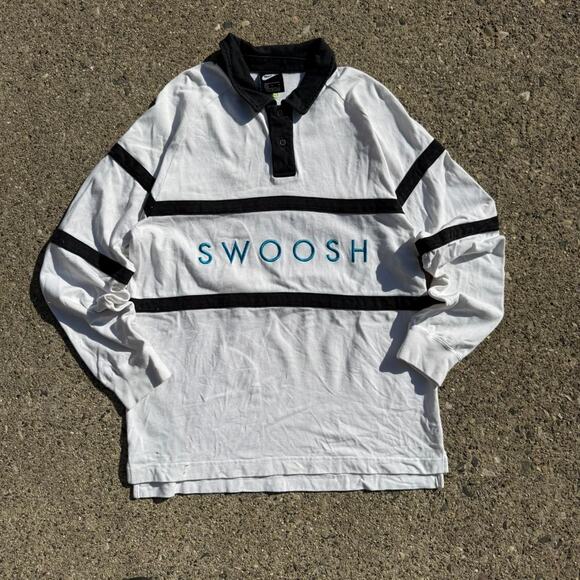Nike Swoosh Rugby Spell Out Polo Long Sleeve Shirt - Picture 1 of 6